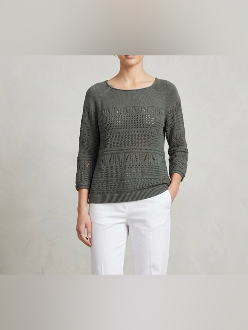 St. John's Bay Open Knit Sweater Women L Green Crochet Mesh Layering Pullover